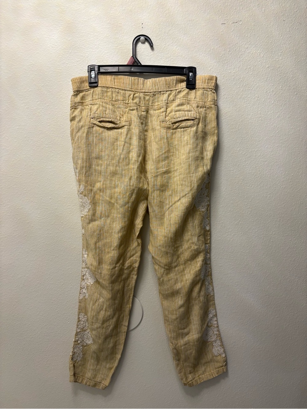 Anthropologie Linen Lace Pants XS Mustard Yellow Striped Relaxed Pull On - Picture 2 of 10